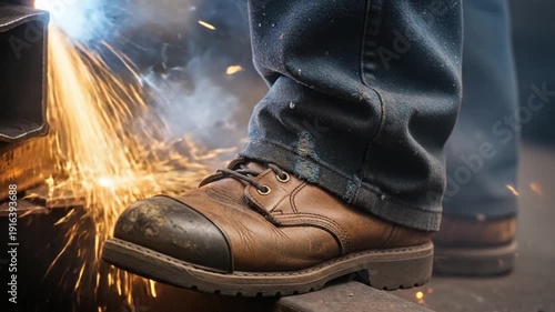 Close-Up View of Protective Work Boots with Sparks Flying During Metal Grinding Operation in Industrial Setting