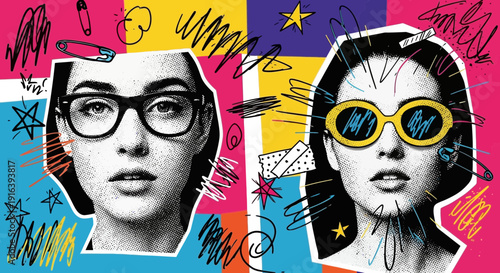 stylish women portraits with glasses, pop art style