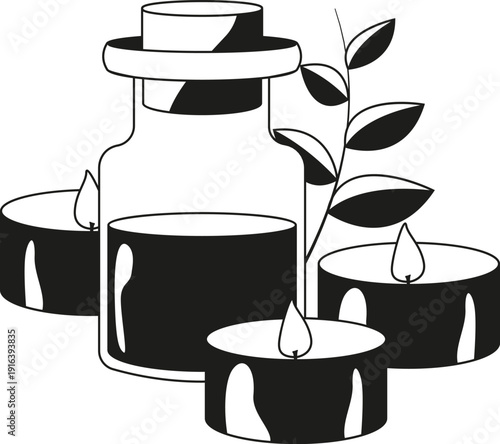 Aromatherapy black icon. Spa candles and oil bottle