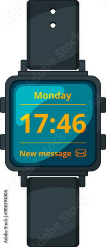 Digital hand clock cartoon icon. Plastic strap watch