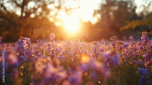 Purple flowers field with sun shining through trees background
