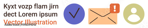 Communication, messaging alerts, email notifications, user interactions, online correspondence, digital access. Icons include a checkmark, an envelope with alert and a user profile shape. Messaging