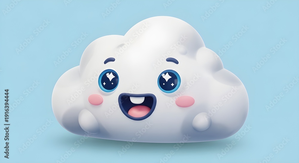 Obraz premium A cute and cheerful 3D white cloud character with sparkling eyes, rosy cheeks, and a happy expression on a soft blue background. So adorable.
