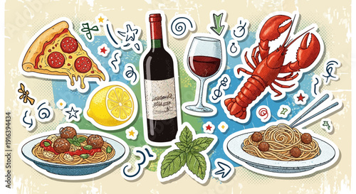 Italian food pizza, pasta, wine, lobster, lemon, basil