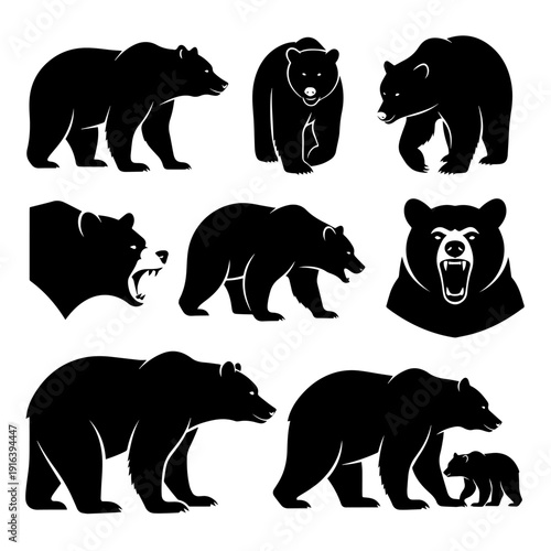 High contrast animal silhouettes depicting different bear behaviors like walking, roaring, and sitting still.