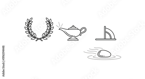 Laurel Wreath, Magic Lamp, and Rippling Water with Stone: Symbols of Achievement, Wishes, and Serenity