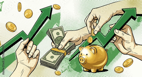 financial growth concept, hands with money and piggy bank