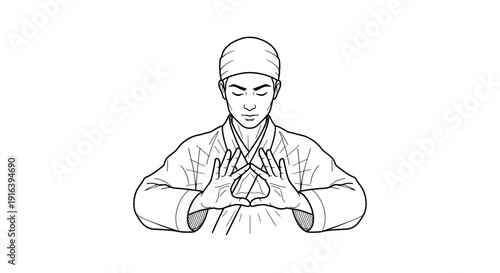 Man meditating in traditional japanese clothing, hands in mudra gesture, zen practice