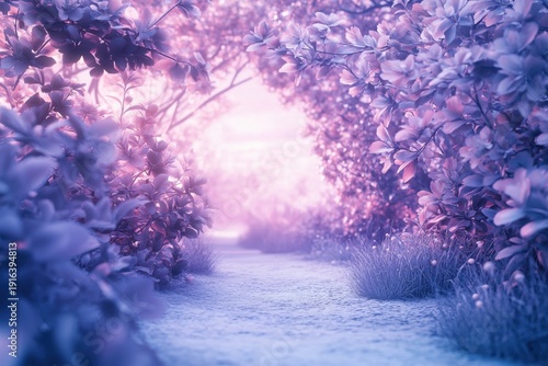 Pathway through a mystical garden filled with soft purple flowers at dusk