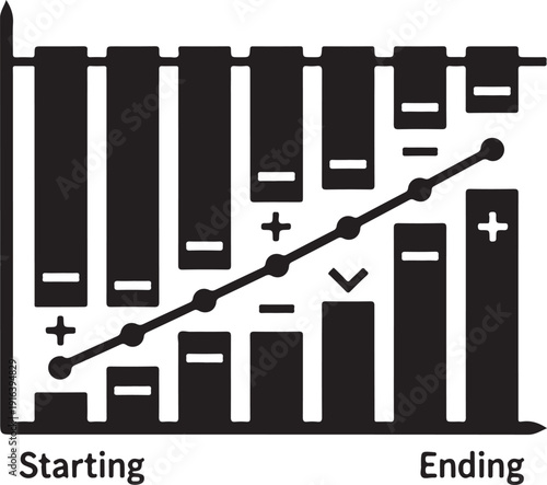 Black and white bar graph with rising line and plus minus symbols bar chart data statistics analysis