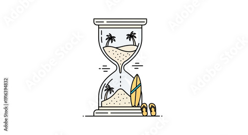 Hourglass with Tropical Beach Scene, Palm Trees, Surfboard, and Flip-flops - Time for Vacation