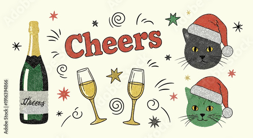 christmas cheers illustration with cats and champagne