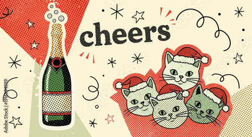 christmas cats cheers champagne bottle holiday greeting card
