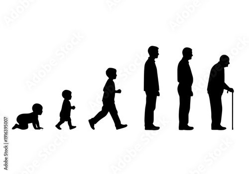 A series of human figures depicting growth, maturity, and the eventual process of aging today.