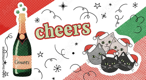 Christmas cats and champagne bottle, holiday cheers illustration