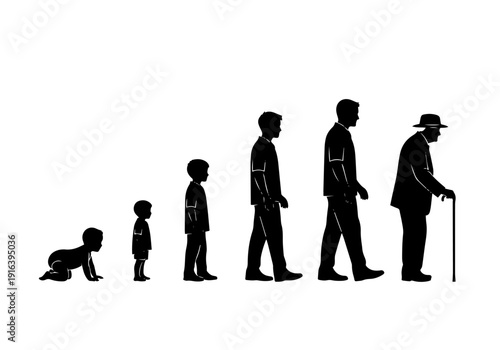 Six stages of male life showing growth from childhood to an old man with cane.