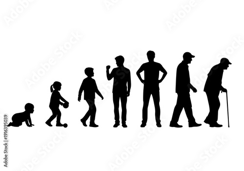 A black silhouette depicting the human aging process from a crawling baby to elderly man.