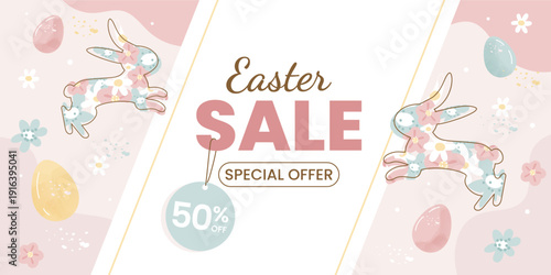 Modern Easter sale horizontal banner with cute bunny and spring eggs and flowers illustration