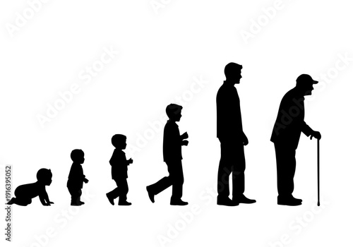 The Journey of Aging: Seven Distinct Silhouette Figures Representing the Evolution of a Human Life