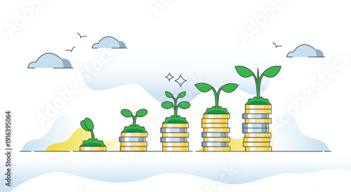 Sustainable finance concept illustration showing green investment growth and eco friendly economy. Symbol of long term ESG and responsible financial development. Vector eps 10