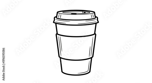 Hand drawn sketch of a disposable coffee cup with lid and sleeve, isolated on white background