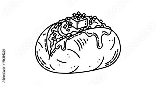 Hand-drawn illustration of a baked potato with toppings, simple line art style