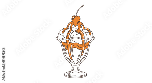 Hand-drawn illustration of a delicious ice cream sundae with caramel sauce and a cherry on top