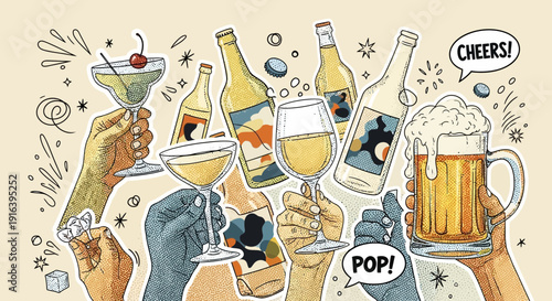 cheers toasting drinks, cocktail, beer, wine, celebration