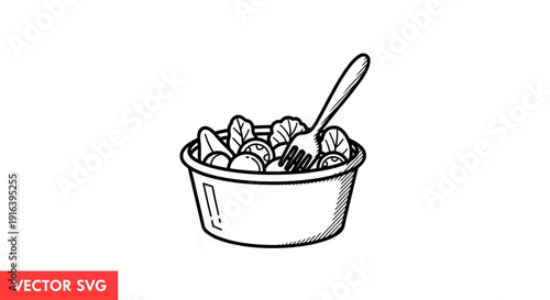 Hand-drawn illustration of a fresh salad in a bowl with a fork, black and white sketch