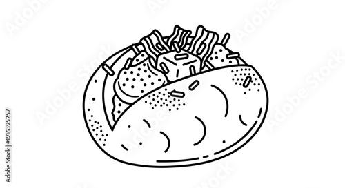 Hand-drawn illustration of a delicious taco with various fillings, black and white line art