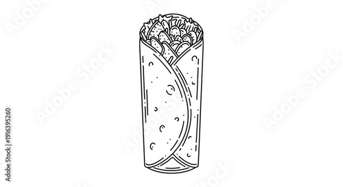 Hand-drawn illustration of a delicious burrito, a popular Mexican food item, isolated on a white background.