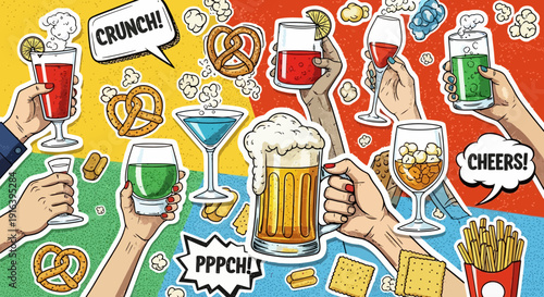 cheers drinks and snacks, party time illustration