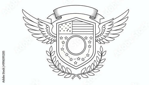Emblematic Crest with Wings, Laurel Wreath, and American Flag Elements