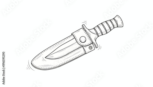 Hand-drawn illustration of a hunting knife with sheath, isolated on white background