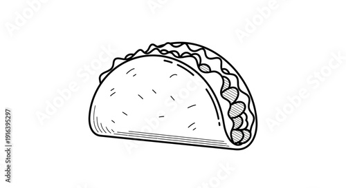 Hand-drawn illustration of a taco, black and white sketch, isolated on white background.