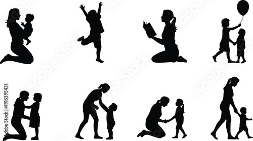 Adult child silhouettes, family bonding, parenting moments, reading book, holding hands, walking together, playing activities, nurturing care, childhood interaction, isolated illustration