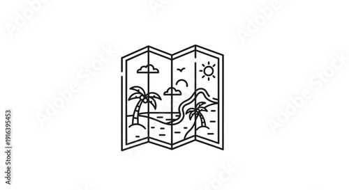 Folded Travel Map with Tropical Island Scene: Palm Trees, Beach, Sun, Clouds