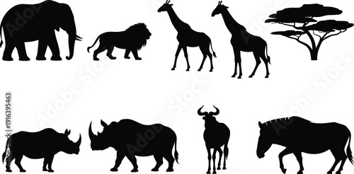 African safari animals silhouette collection with elephant lion giraffe rhinoceros antelope and acacia tree, wildlife nature illustration isolated on white