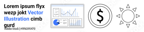 Graphical statistics panel with pie charts and trend graphs, dollar sign symbolizing currency, and sun for energy. Ideal for finance, economy, technology, environment, sustainable resources, business