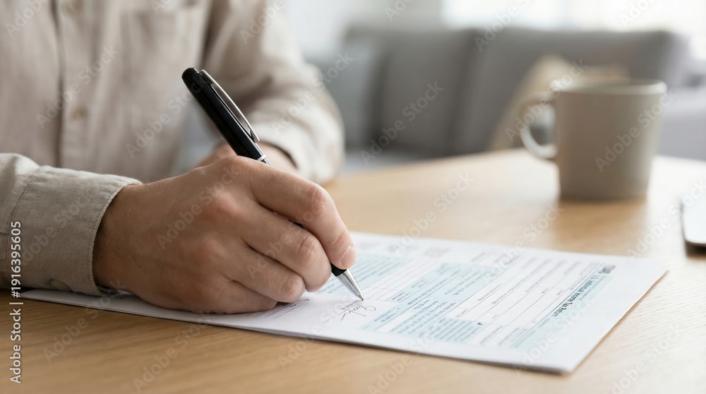 Fototapeta premium Man's hand signing a document with a pen on a wooden desk.