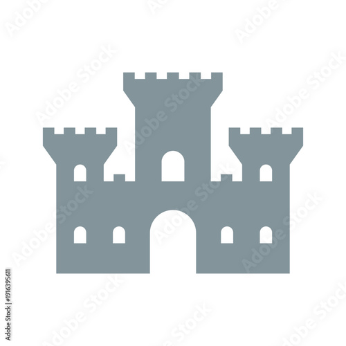Simple gray castle icon with three towers and arched windows.