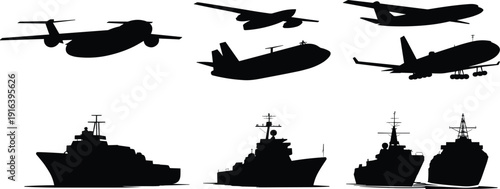 Aircraft silhouettes, military planes, commercial jets, naval ships, war vessels, cargo aircraft, bomber silhouettes, passenger planes, destroyer ships, maritime transport