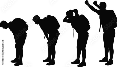 Backpack silhouettes, hiking icons, perseverance posture, victory stance, outdoor activity, vector illustration, black silhouettes, design elements, adventure figures, triumph