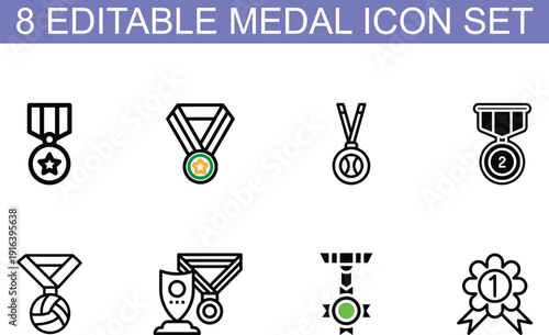8 Editable Medal Icon Set – Award Ribbon and Sports Achievement Vector Collection