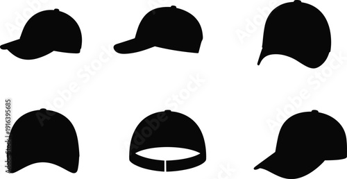 Baseball cap silhouettes, fashion accessory, headwear design, front view, side profile, back angle, casual style, sportswear illustration, isolated background, branding concept