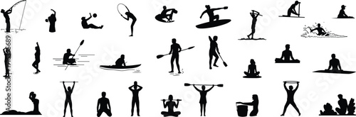 Beach activity silhouettes vector, water sports illustration, outdoor recreation design, fitness icons art, healthy lifestyle concept, summer vacation graphic