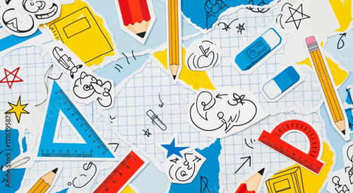 school supplies background, stationery elements, education concept
