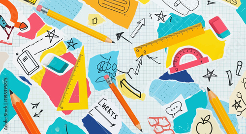 school supplies background, colorful stationery, education concept