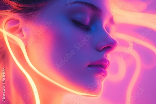 Colorful neon lights illuminate a woman's profile during a creative art project at night