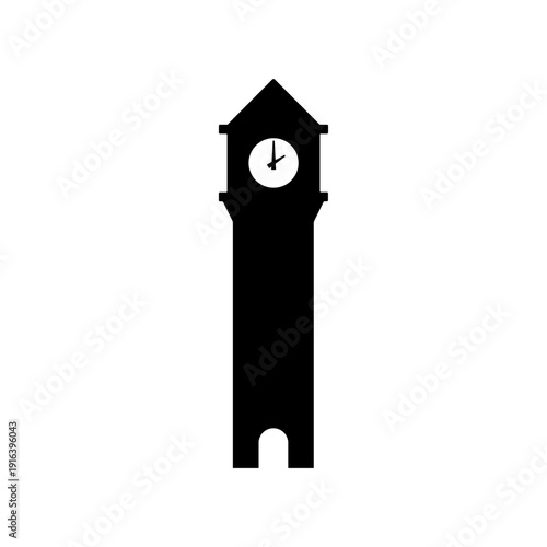 Simple black silhouette of a clock tower with a pointed roof.